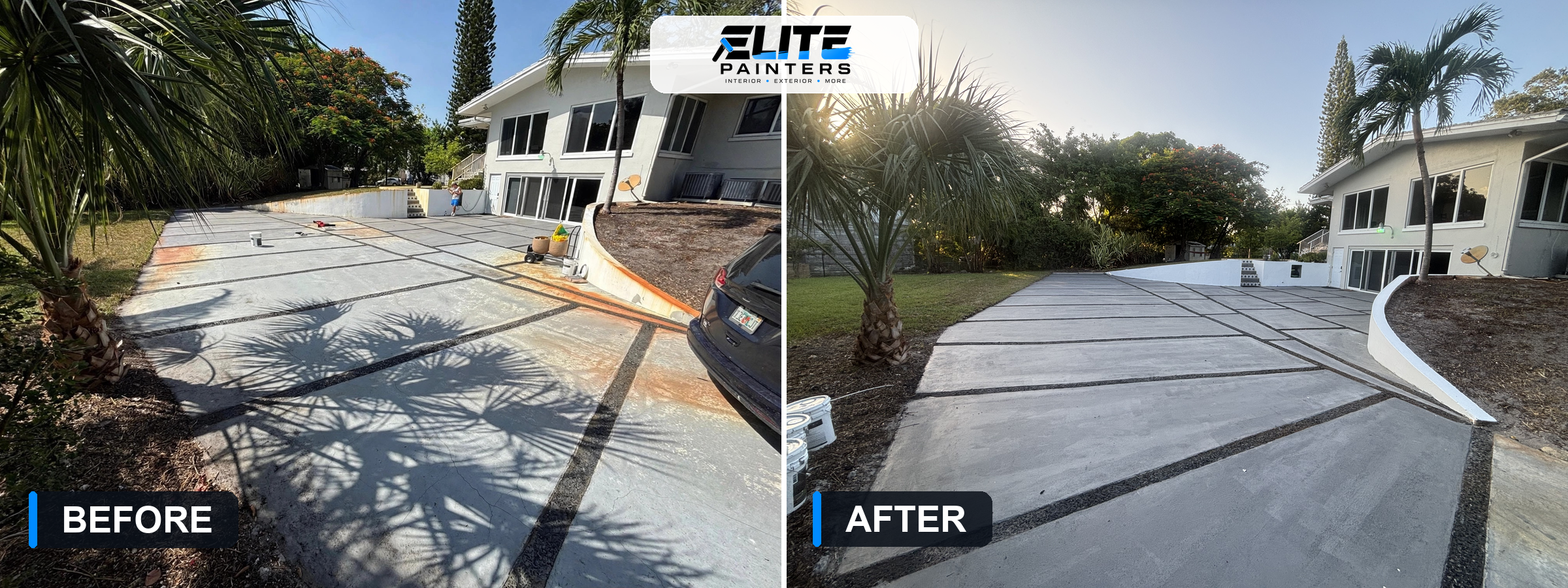 Before and after of a residential driveway and surrounding walls; house not yet painted