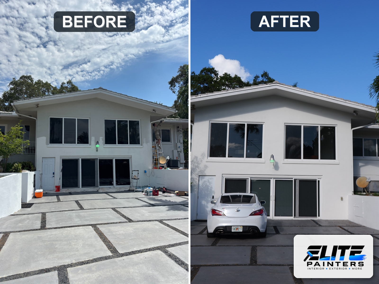 Before and after of a residential front facade painting project