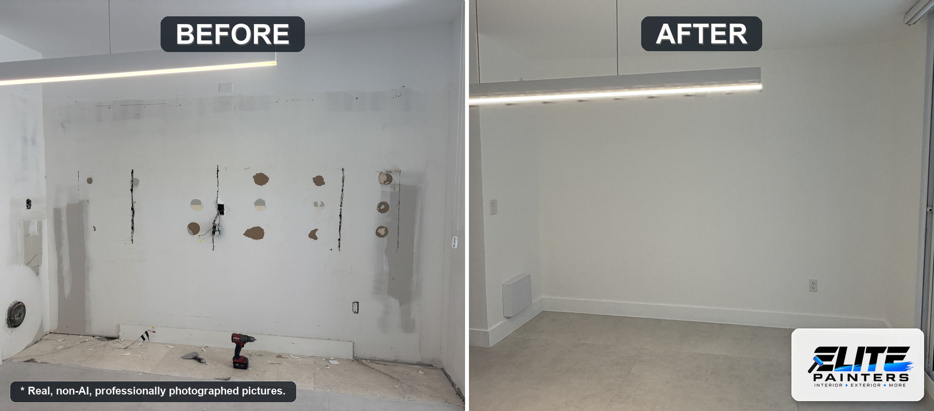 Side-by-side before and after of an interior wall repair and painting project in Sunny Isles