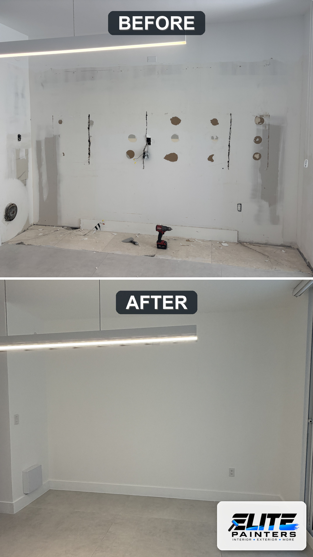 Before and after of an interior wall repair and painting project