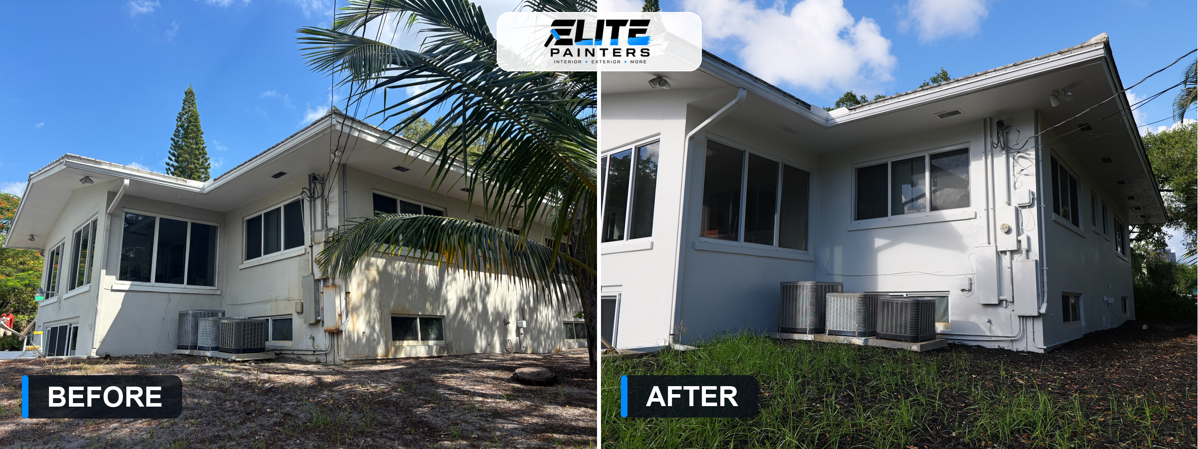 Before and after of a rear residential exterior painting project